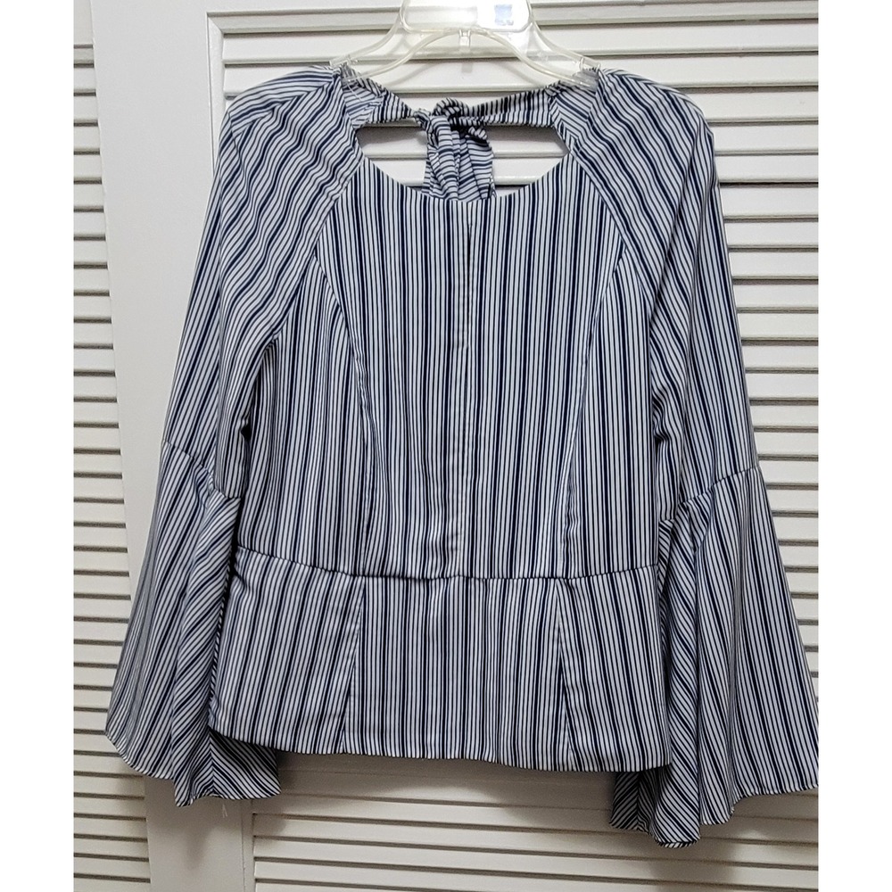Blue White Striped Bell Sleeve Tie Back Peplum Blouse Bar III Womans Top Large